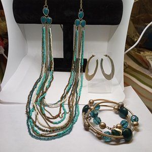 3 Piece Vintage Beaded Necklace, Hoop Earring and Beaded Spring Bracelet Set #19
